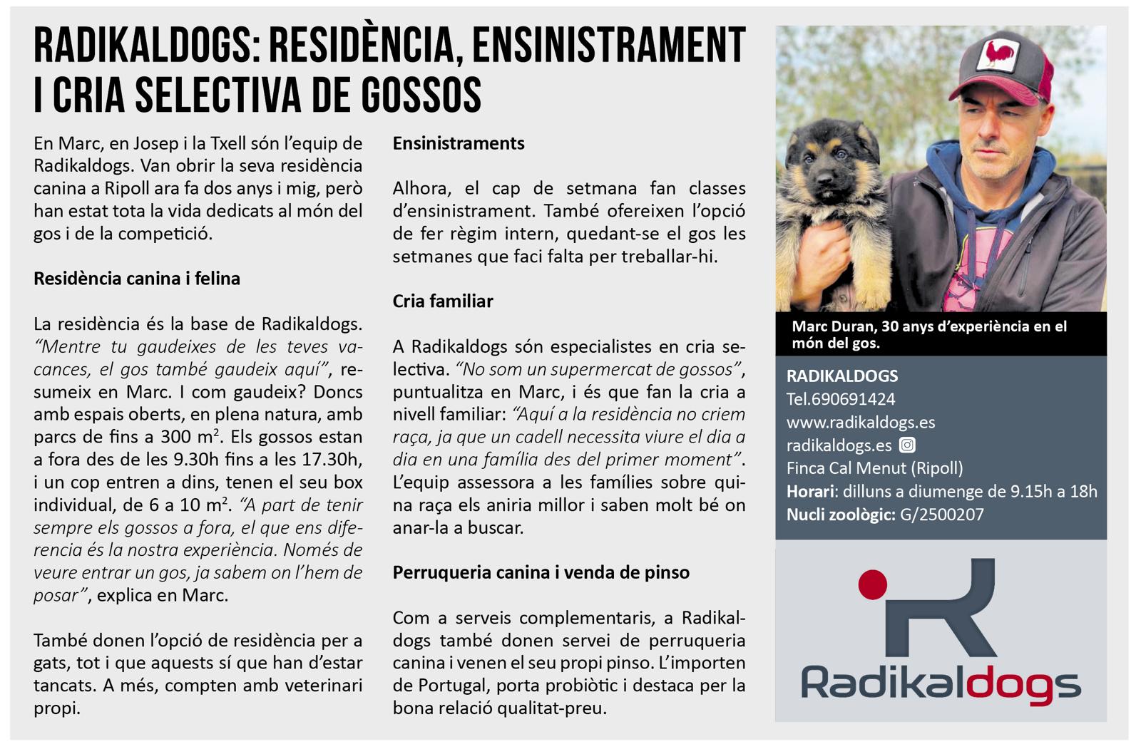 Radikaldogs: Residencia Canina, Cría Selectiva y Adiestramiento de Excelencia Recorte de prensa sobre Radikaldogs, destacando sus servicios de residencia canina, cría selectiva y adiestramiento profesional con los más altos estándares.